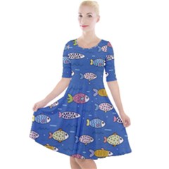 Sea Fish Blue Submarine Animals Quarter Sleeve A-line Dress With Pockets by Loisa77