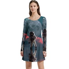 Astronaut Moon Space Nasa Planet Long Sleeve Velour Skater Dress by Loisa77