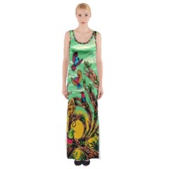 Monkey Tiger Bird Parrot Forest Jungle Style Thigh Split Maxi Dress by Grandong