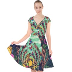 Monkey Tiger Bird Parrot Forest Jungle Style Cap Sleeve Front Wrap Midi Dress by Grandong