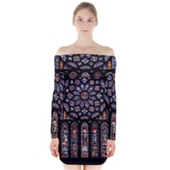 Chartres Cathedral Notre Dame De Paris Stained Glass Long Sleeve Off Shoulder Dress by Grandong