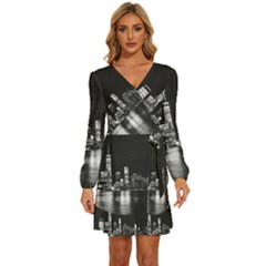 Nyc New York Skyline City Buildings Long Sleeve Waist Tie Ruffle Velvet Dress by Loisa77