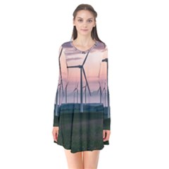 Wind Giants At Twilight Long Sleeve V-neck Flare Dress by Tellerarts