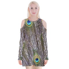 Peacock Bird Feathers Plumage Peacock Velvet Long Sleeve Shoulder Cutout Dress by Perong