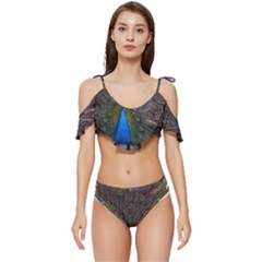 Bird Peacock Feathers Ruffle Edge Tie Up Bikini Set	 by Perong