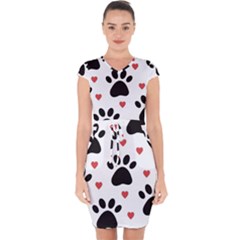 Dog Paw Vector Seamless Pattern With Hearts Capsleeve Drawstring Dress  by Perong