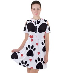 Dog Paw Vector Seamless Pattern With Hearts Short Sleeve Shoulder Cut Out Dress  by Perong