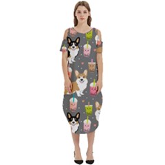 Corgi Boba Tea Bubble Tea Kawaii Food Welsh Corgis Dog Cold Shoulder Loose Fit Dress With Pockets by Perong