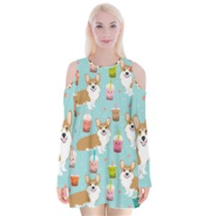 Corgi Boba Tea Bubble Tea Kawaii Food Welsh Corgis Dog Pattern Velvet Long Sleeve Shoulder Cutout Dress by Perong