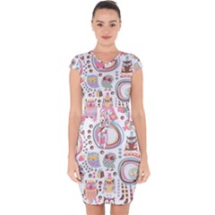 Cute Owl Bird Animal Pattern Capsleeve Drawstring Dress  by Perong