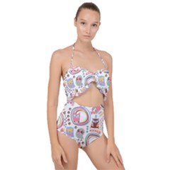 Cute Owl Bird Animal Pattern Scallop Top Cut Out Swimsuit by Perong