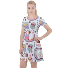 Cute Owl Bird Animal Pattern Cap Sleeve Velour Dress  by Perong