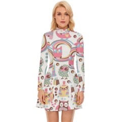 Cute Owl Bird Animal Pattern Long Sleeve Velour Longline Dress by Perong