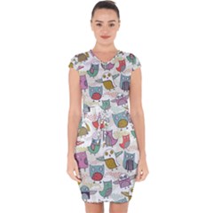 Owl Animal Bird Pattern Capsleeve Drawstring Dress  by Perong