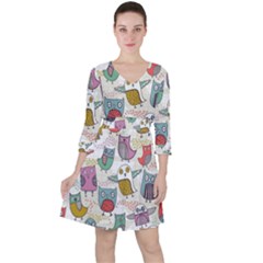 Owl Animal Bird Pattern Quarter Sleeve Ruffle Waist Dress by Perong