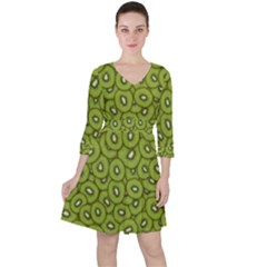 Kiwi Fruit Pattern Green Background Quarter Sleeve Ruffle Waist Dress by Paksenen