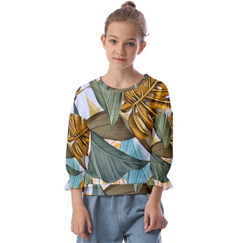 Monstera Palm Leaves Plants Kids  Cuff Sleeve Top by Paksenen