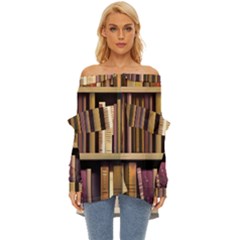 Books Bookshelves Office Fantasy Background Artwork Book Cover Apothecary Book Nook Literature Libra Off Shoulder Chiffon Pocket Shirt by Posterlux