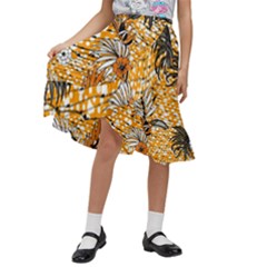 Leaf Yellow Point Flower White Kids  Ruffle Flared Wrap Midi Skirt by Grandong