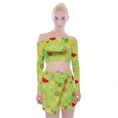 Art Fruits Pattern Off Shoulder Top With Mini Skirt Set by Maspions