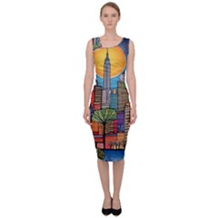 City New York Nyc Skyscraper Skyline Downtown Night Business Urban Travel Landmark Building Architec Sleeveless Pencil Dress by Posterlux