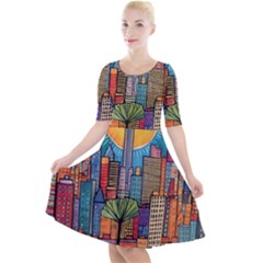 City New York Nyc Skyscraper Skyline Downtown Night Business Urban Travel Landmark Building Architec Quarter Sleeve A-line Dress With Pockets by Posterlux