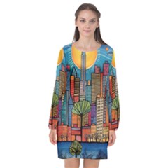 City New York Nyc Skyscraper Skyline Downtown Night Business Urban Travel Landmark Building Architec Long Sleeve Chiffon Shift Dress  by Posterlux