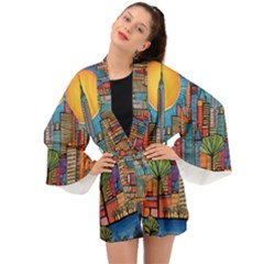 City New York Nyc Skyscraper Skyline Downtown Night Business Urban Travel Landmark Building Architec Long Sleeve Kimono by Posterlux