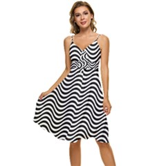 Black White Wave Pattern Wavy Water Seamless Sleeveless Tie Front Chiffon Dress by Posterlux