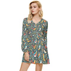 Birds Pattern Flowers Whimsical Tiered Long Sleeve Mini Dress by Salmanaz77