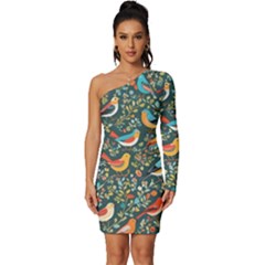 Birds Pattern Flowers Whimsical Long Sleeve One Shoulder Mini Dress by Salmanaz77