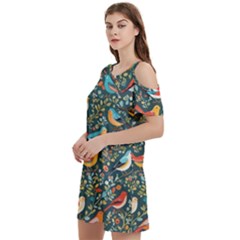 Birds Pattern Flowers Whimsical Women s Cold Shoulder Round Neck Mini Dress by Salmanaz77