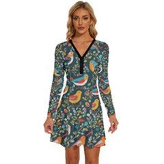 Birds Pattern Flowers Whimsical Long Sleeve Deep V Mini Dress  by Salmanaz77