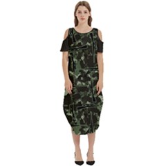 Precision Pursuit: Hunting Motif Camouflage Pattern Cold Shoulder Loose Fit Dress With Pockets by dflcprintsclothing