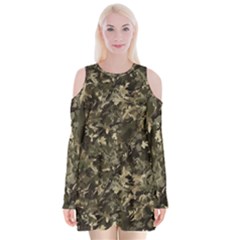 Camouflage Army Survival Uniform Velvet Long Sleeve Shoulder Cutout Dress by Posterlux