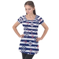 Seamless Marine Pattern Puff Sleeve Tunic Top by Ket1n9