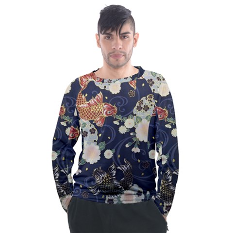 Japanese Wave Koi Illustration Pattern Men s Long Sleeve Raglan T-shirt by Ndabl3x