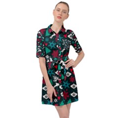 Holiday Season Pattern December Happy Holidays Merry Christmas Winter Family Festive New Year Belted Shirt Dress by Maspions