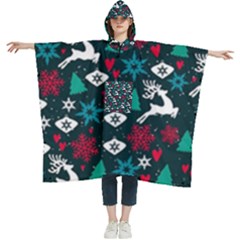 Holiday Season Pattern December Happy Holidays Merry Christmas Winter Family Festive New Year Women s Hooded Rain Ponchos by Maspions