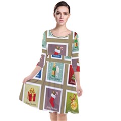 Christmas Stamp Pattern Quarter Sleeve Waist Band Dress by Maspions