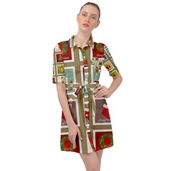 Christmas Stamp Pattern Belted Shirt Dress by Maspions