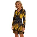 Yellow Flower Pattern Leaves Long Sleeve Deep V Mini Dress  View2