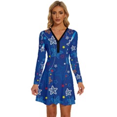 Christmas Stars Pattern Star Long Sleeve Deep V Mini Dress  by Maspions