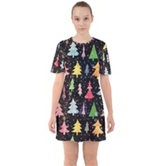 Fun Christmas Trees Adoxali Scandinavian Artistic Background Pattern Sixties Short Sleeve Mini Dress by Maspions