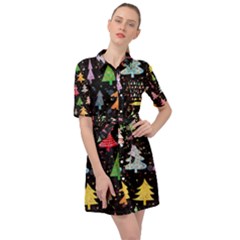 Fun Christmas Trees Adoxali Scandinavian Artistic Background Pattern Belted Shirt Dress by Maspions