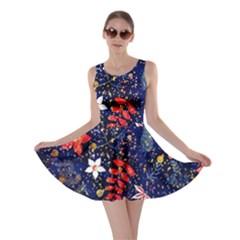 Festive Floral Pattern Christmas Blue Floral Flower Foliage Leaves Pattern Red Snow Winter Skater Dress by Maspions