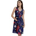 Festive Floral Pattern Christmas Blue Floral Flower Foliage Leaves Pattern Red Snow Winter Sleeveless Dress With Pocket View3