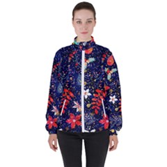 Festive Floral Pattern Christmas Blue Floral Flower Foliage Leaves Pattern Red Snow Winter Women s High Neck Windbreaker by Maspions