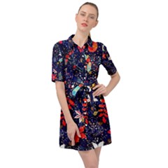 Festive Floral Pattern Christmas Blue Floral Flower Foliage Leaves Pattern Red Snow Winter Belted Shirt Dress by Maspions