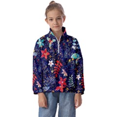 Festive Floral Pattern Christmas Blue Floral Flower Foliage Leaves Pattern Red Snow Winter Kids  Half Zip Hoodie by Maspions